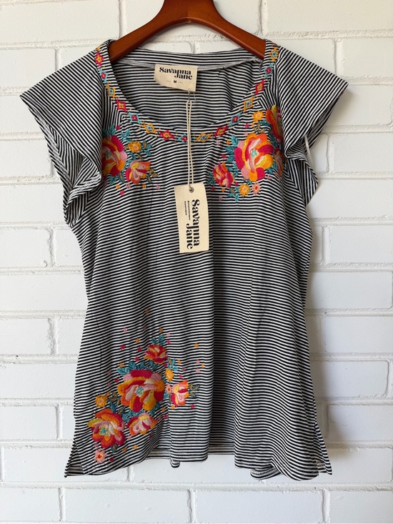 Savanna Jane Tops - Savanna Jane Black & White Striped Floral Embroidered Flutter Sleeve Top